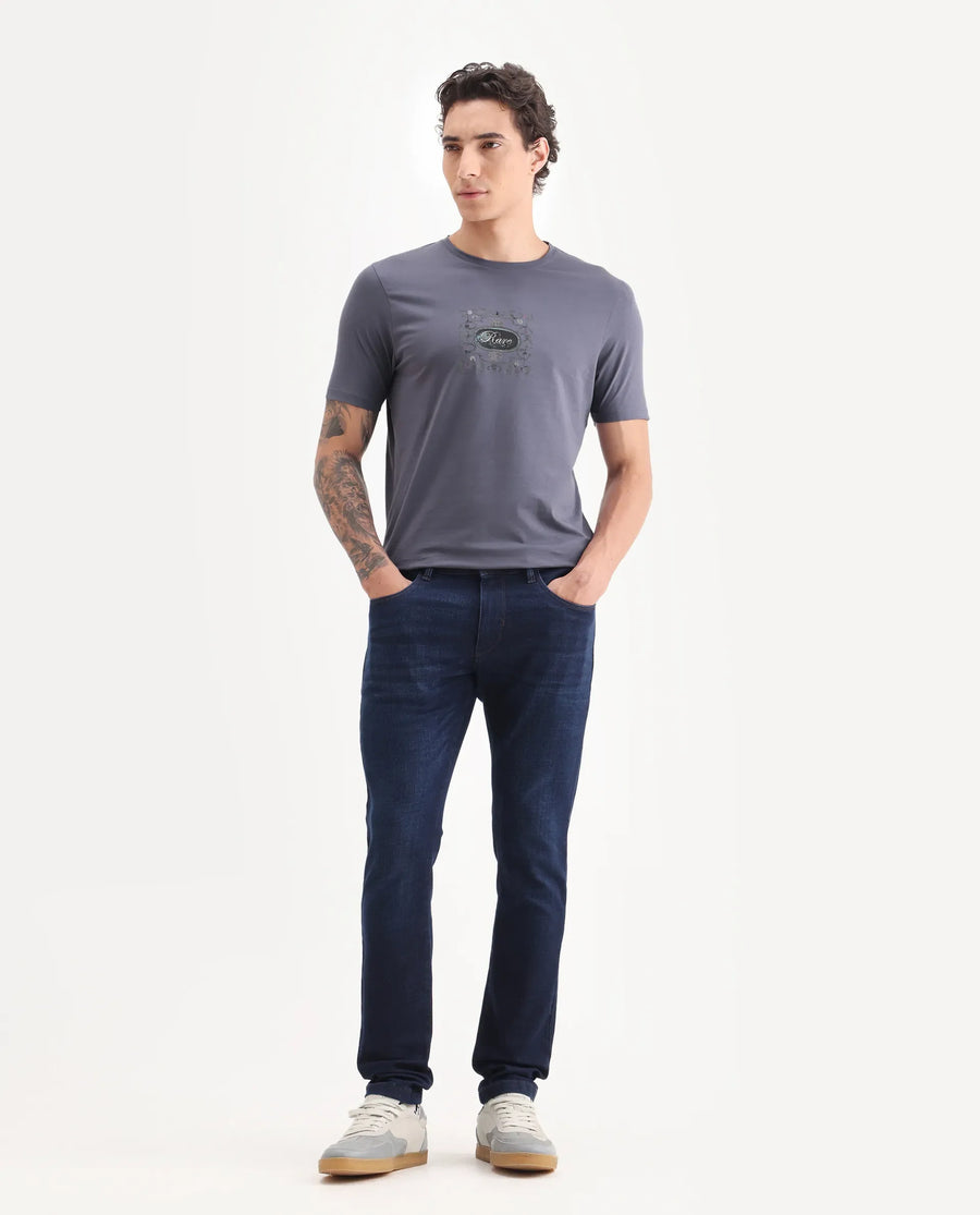 Rare Rabbit Men's Tain Dusky Purple Cotton Blend Graphic Print Regular Fit Half Sleeve Crew Neck T-Shirt