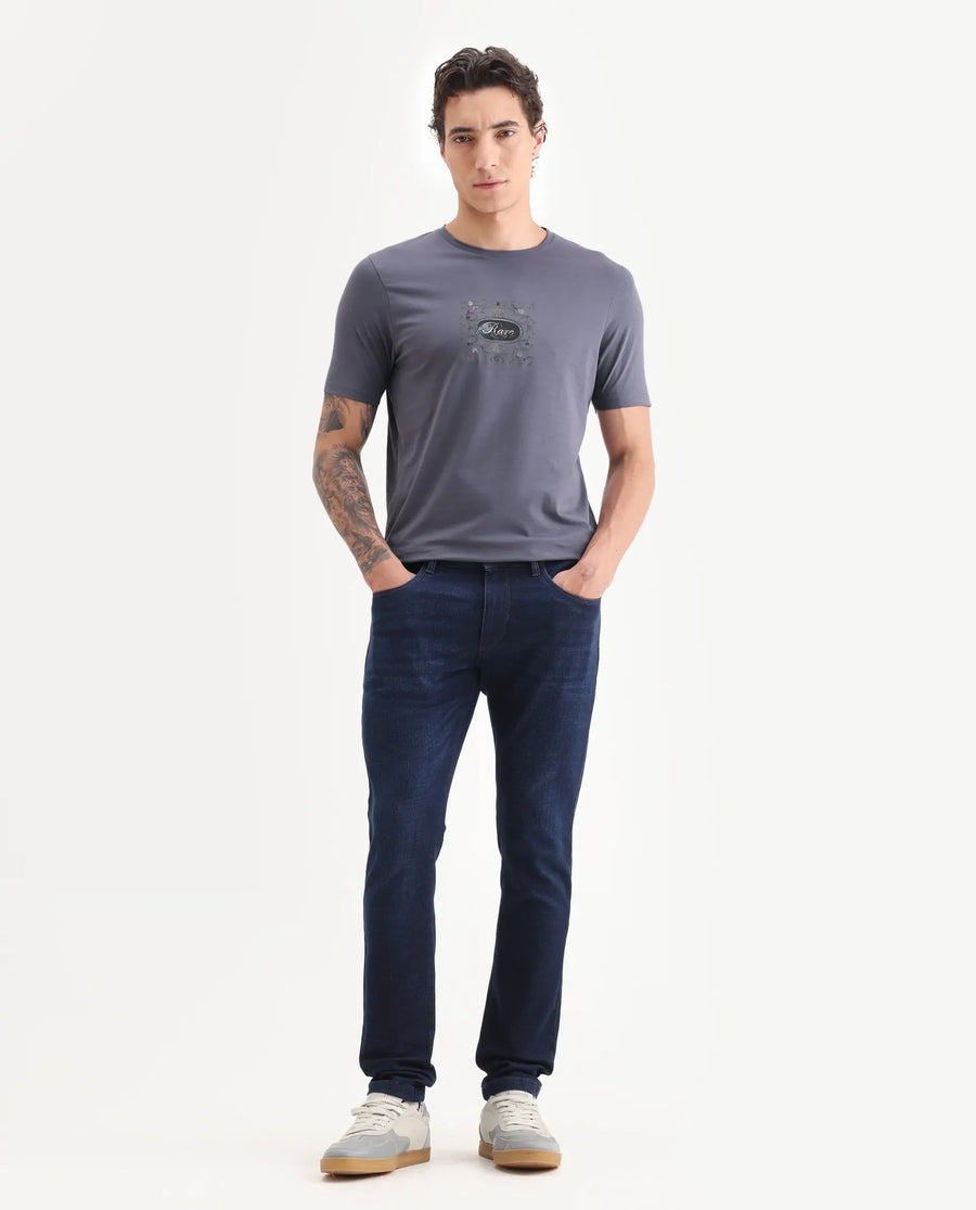 Rare Rabbit Men's Tain Dusky Purple Cotton Blend Graphic Print Regular Fit Half Sleeve Crew Neck T-Shirt