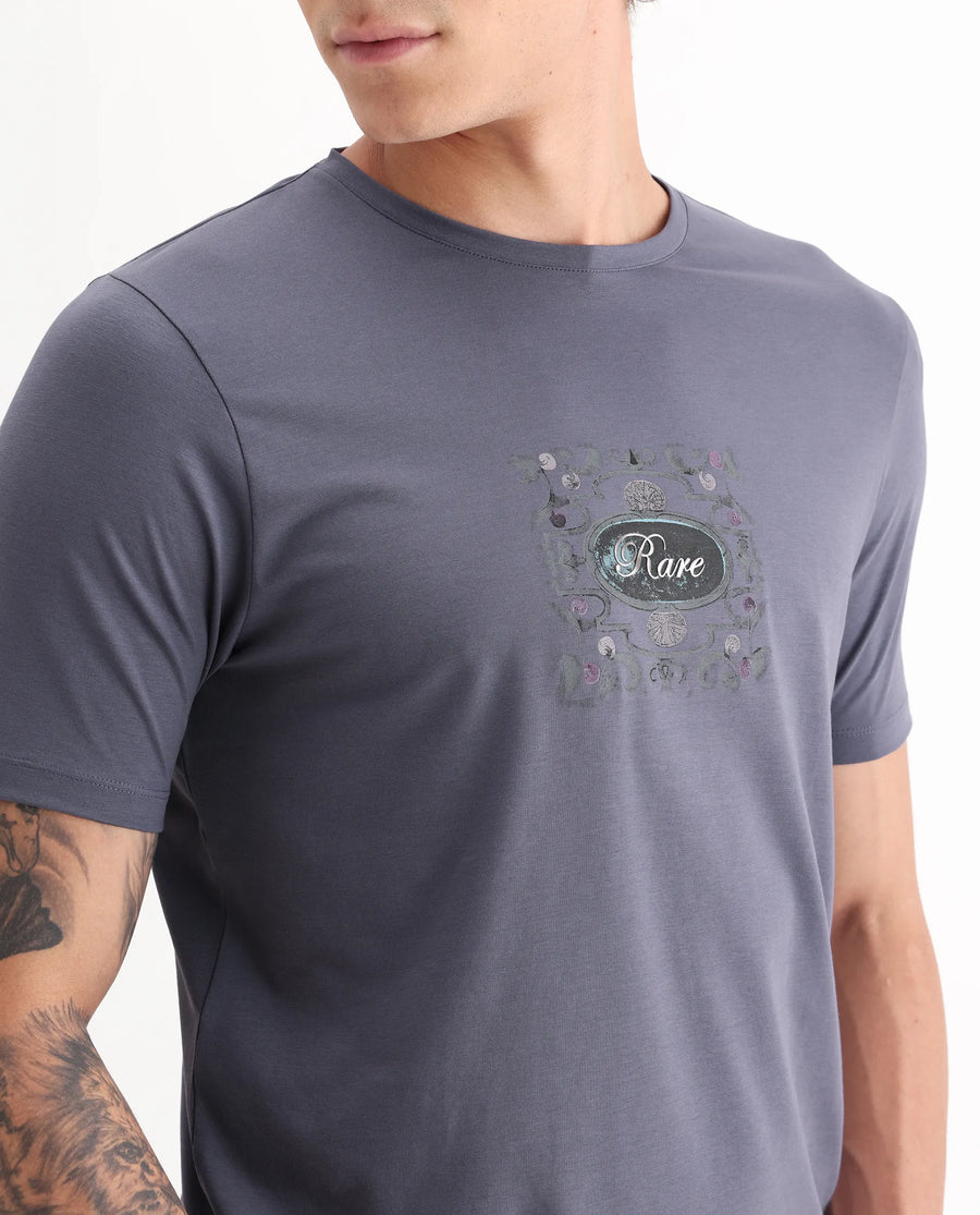 Rare Rabbit Men's Tain Dusky Purple Cotton Blend Graphic Print Regular Fit Half Sleeve Crew Neck T-Shirt