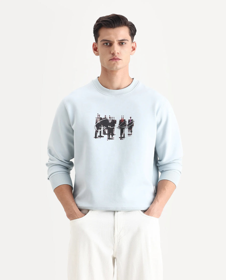 Rare Rabbit Men's Tive Dusky Blue Cotton Blend Graphic Print Regular Fit Full Sleeve Crew Neck Sweatshirt
