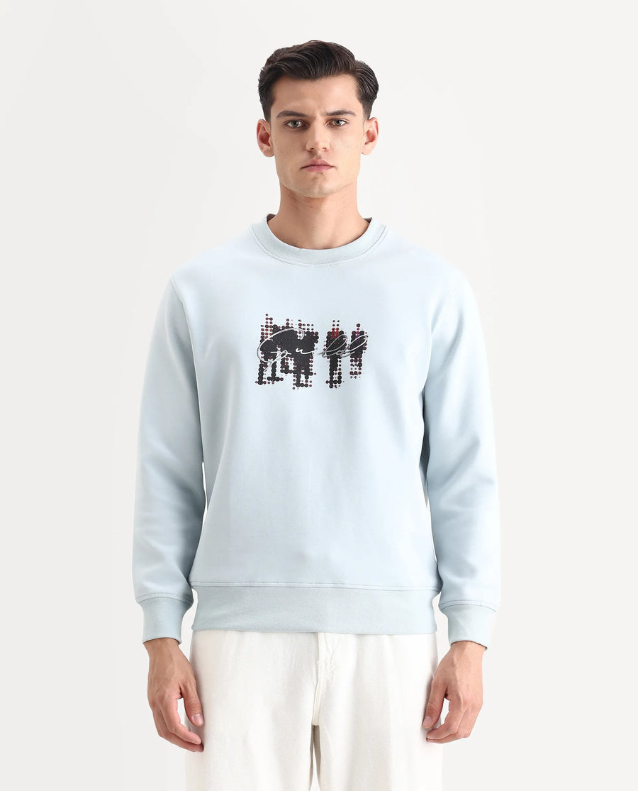 Rare Rabbit Men's Tive Dusky Blue Cotton Blend Graphic Print Regular Fit Full Sleeve Crew Neck Sweatshirt