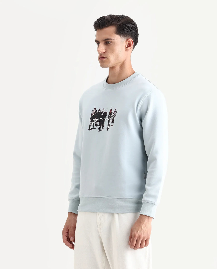 Rare Rabbit Men's Tive Dusky Blue Cotton Blend Graphic Print Regular Fit Full Sleeve Crew Neck Sweatshirt