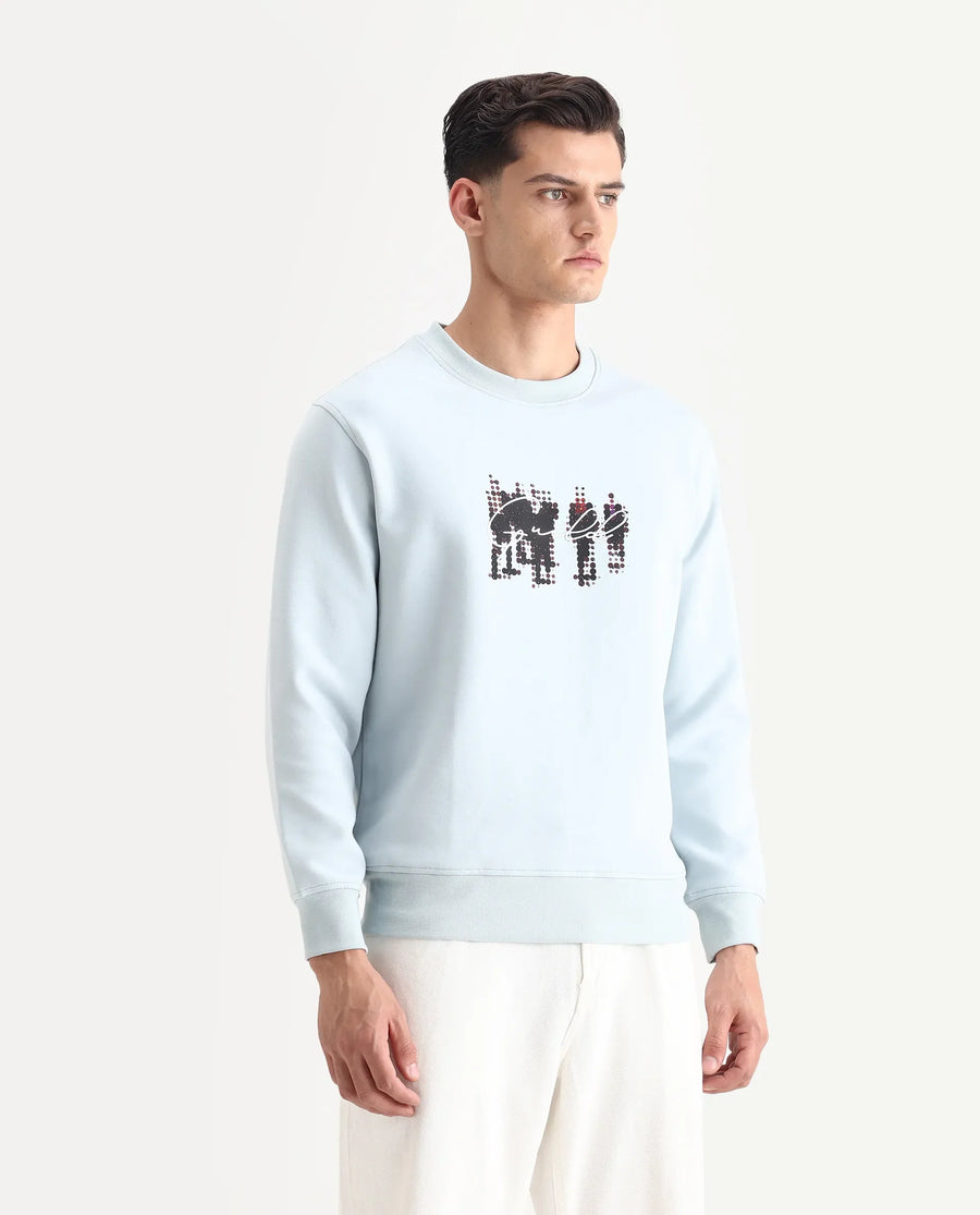 Rare Rabbit Men's Tive Dusky Blue Cotton Blend Graphic Print Regular Fit Full Sleeve Crew Neck Sweatshirt