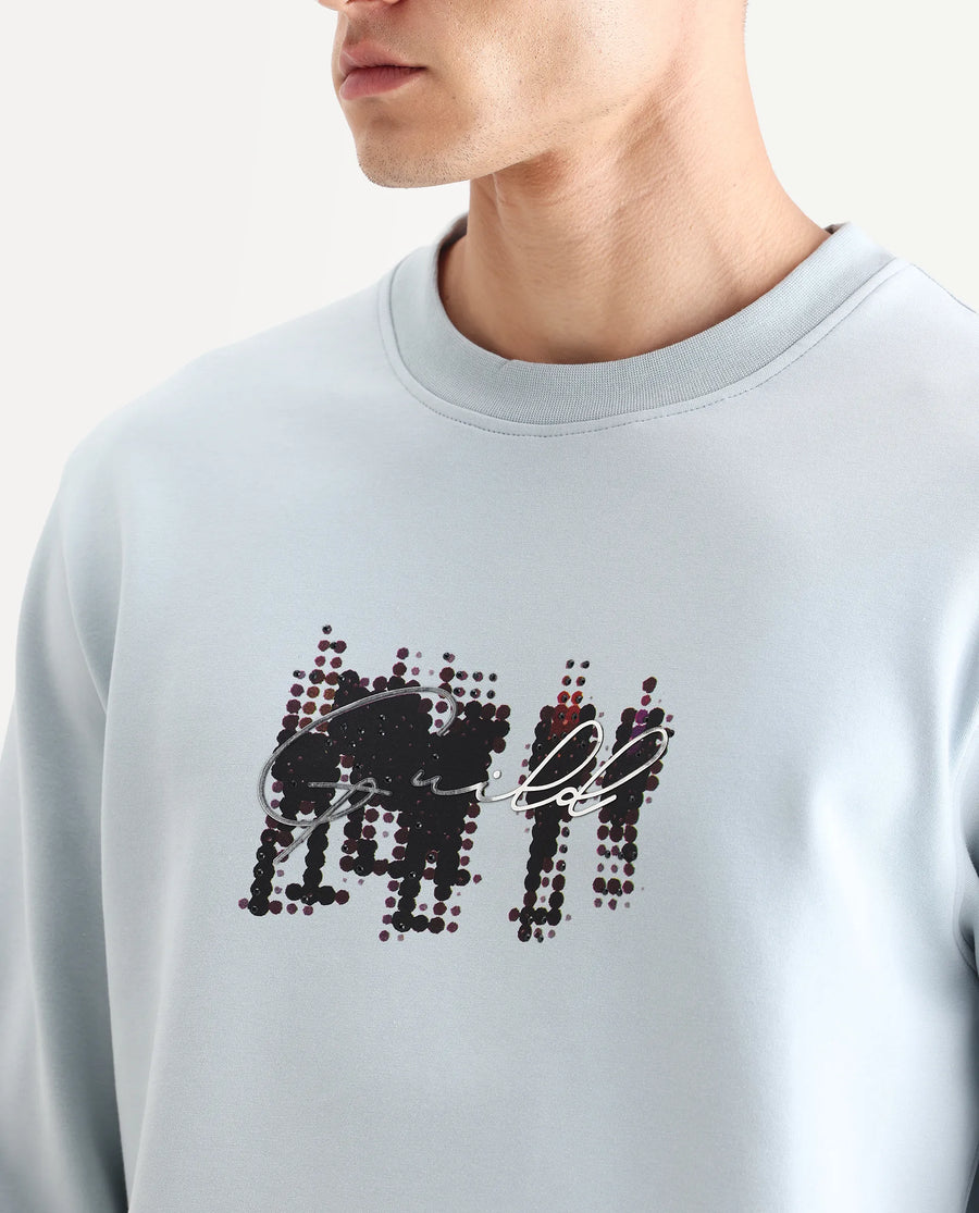 Rare Rabbit Men's Tive Dusky Blue Cotton Blend Graphic Print Regular Fit Full Sleeve Crew Neck Sweatshirt