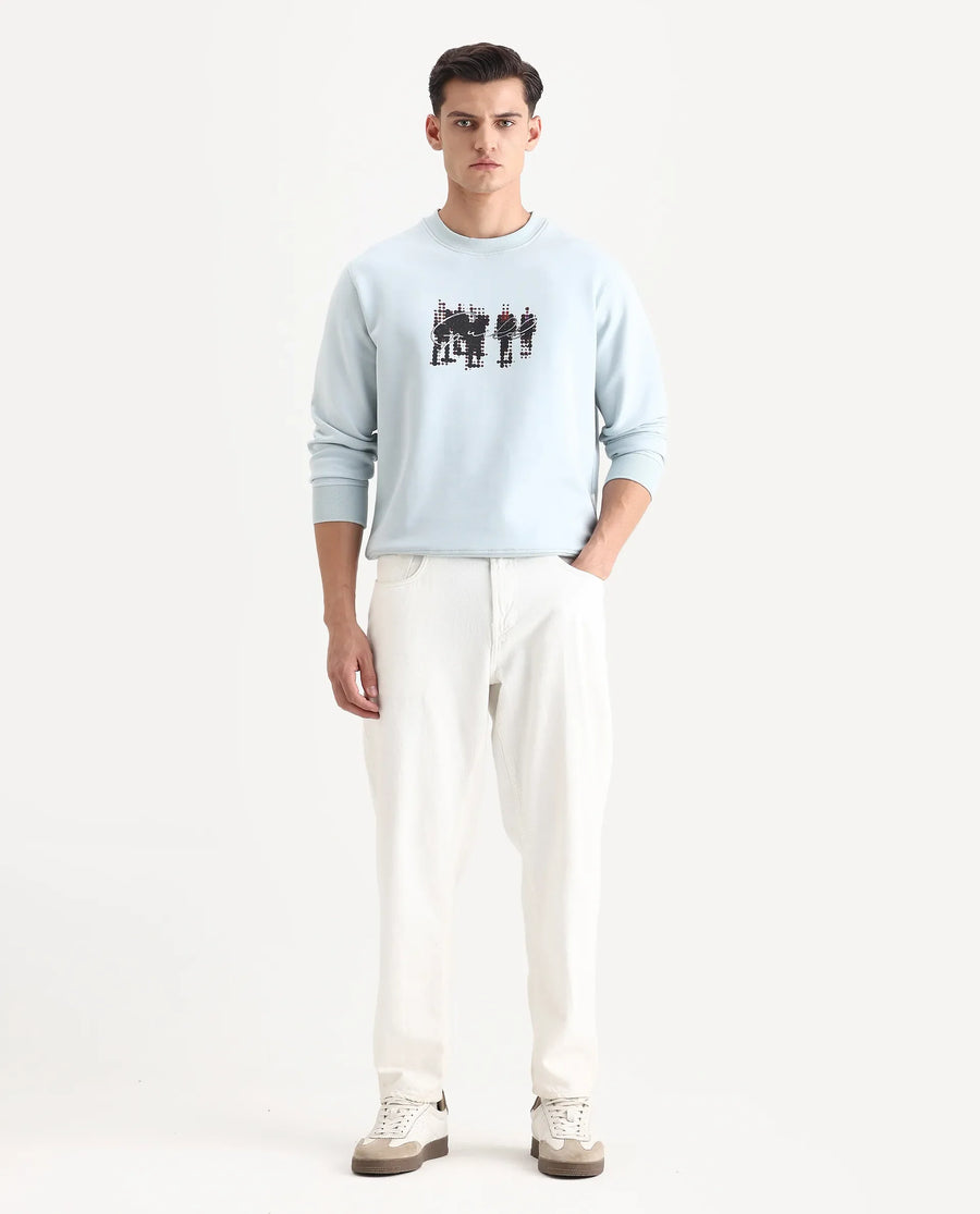 Rare Rabbit Men's Tive Dusky Blue Cotton Blend Graphic Print Regular Fit Full Sleeve Crew Neck Sweatshirt
