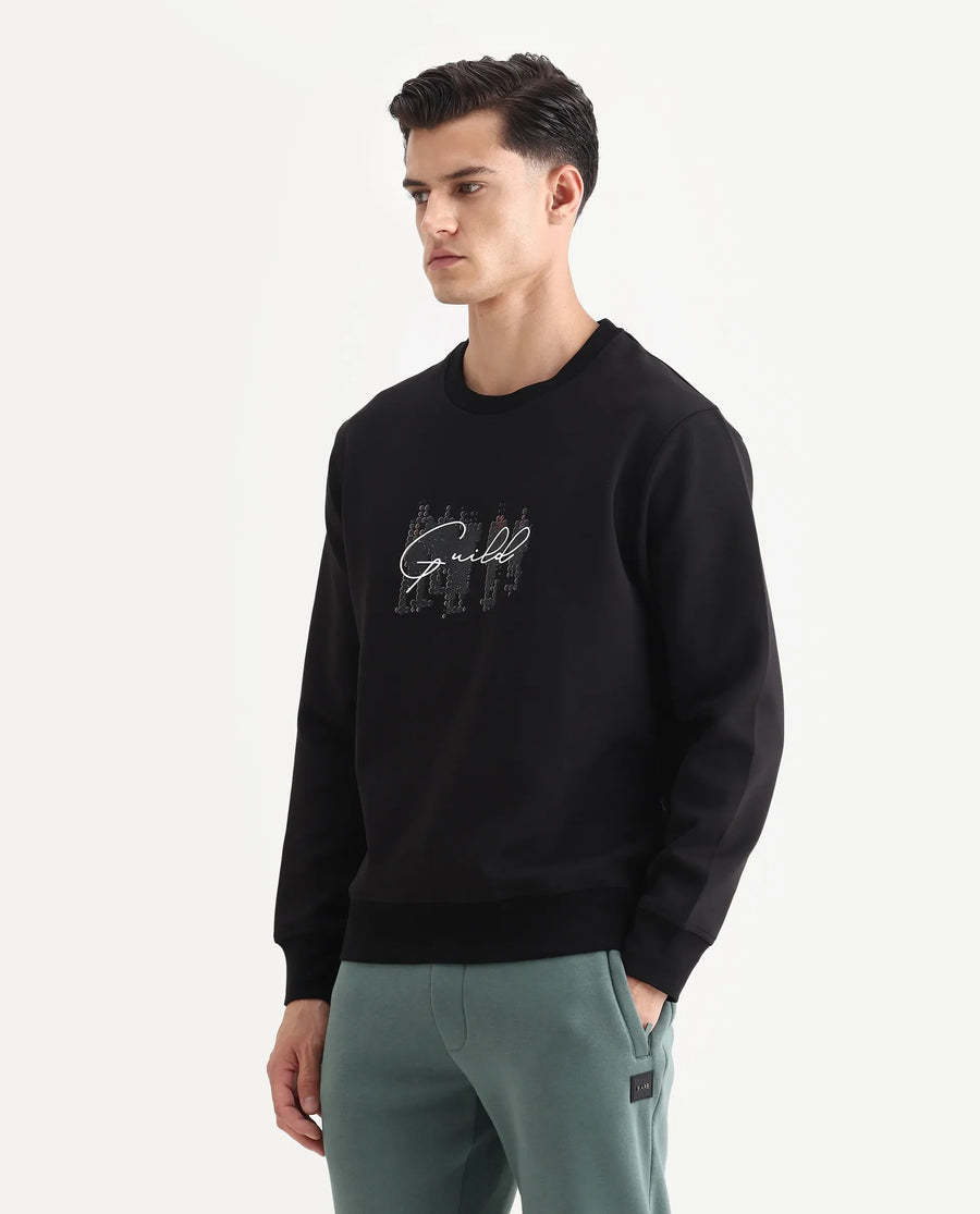 Rare Rabbit Men's Tive Black Cotton Blend Graphic Print Regular Fit Full Sleeve Crew Neck Sweatshirt