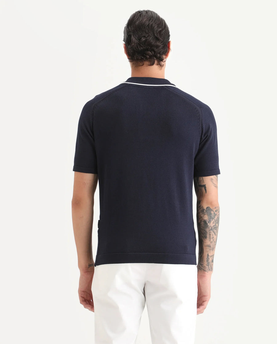 Rare Rabbit Men's Miri Navy Cotton Fabric Sleeveless Collared Neck Plain Polo