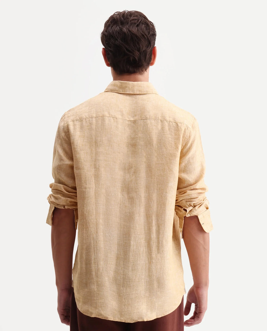 Rare Rabbit Men's Kurts Dusky Yellow 100% Linen Plain Regular Fit Full Sleeve Collared Shirt