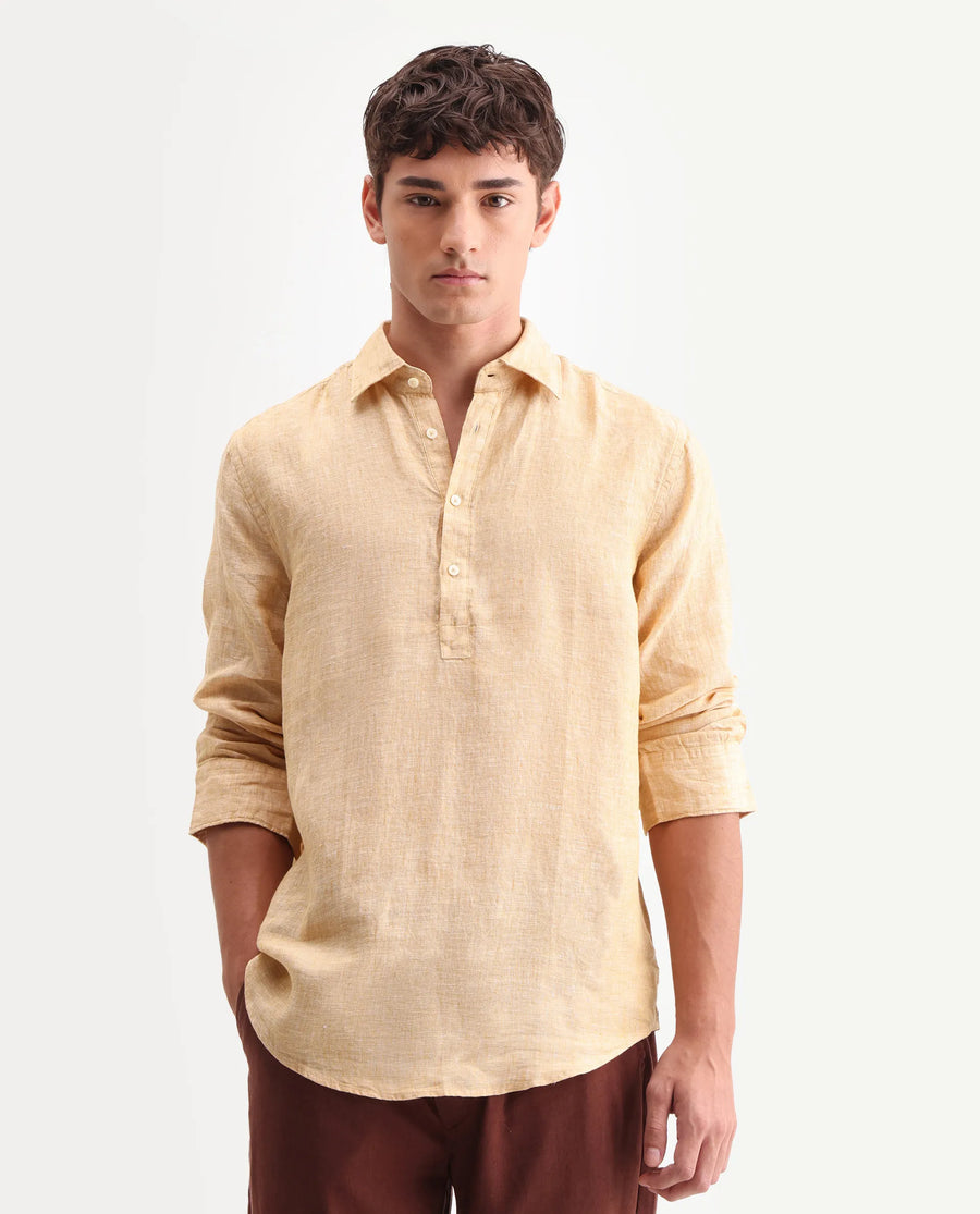 Rare Rabbit Men's Kurts Dusky Yellow 100% Linen Plain Regular Fit Full Sleeve Collared Shirt