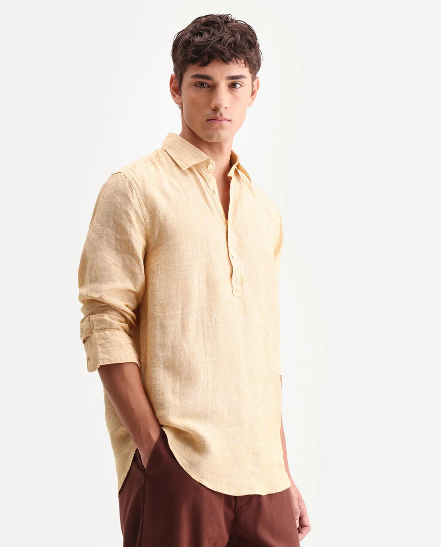 Rare Rabbit Men's Kurts Dusky Yellow 100% Linen Plain Regular Fit Full Sleeve Collared Shirt