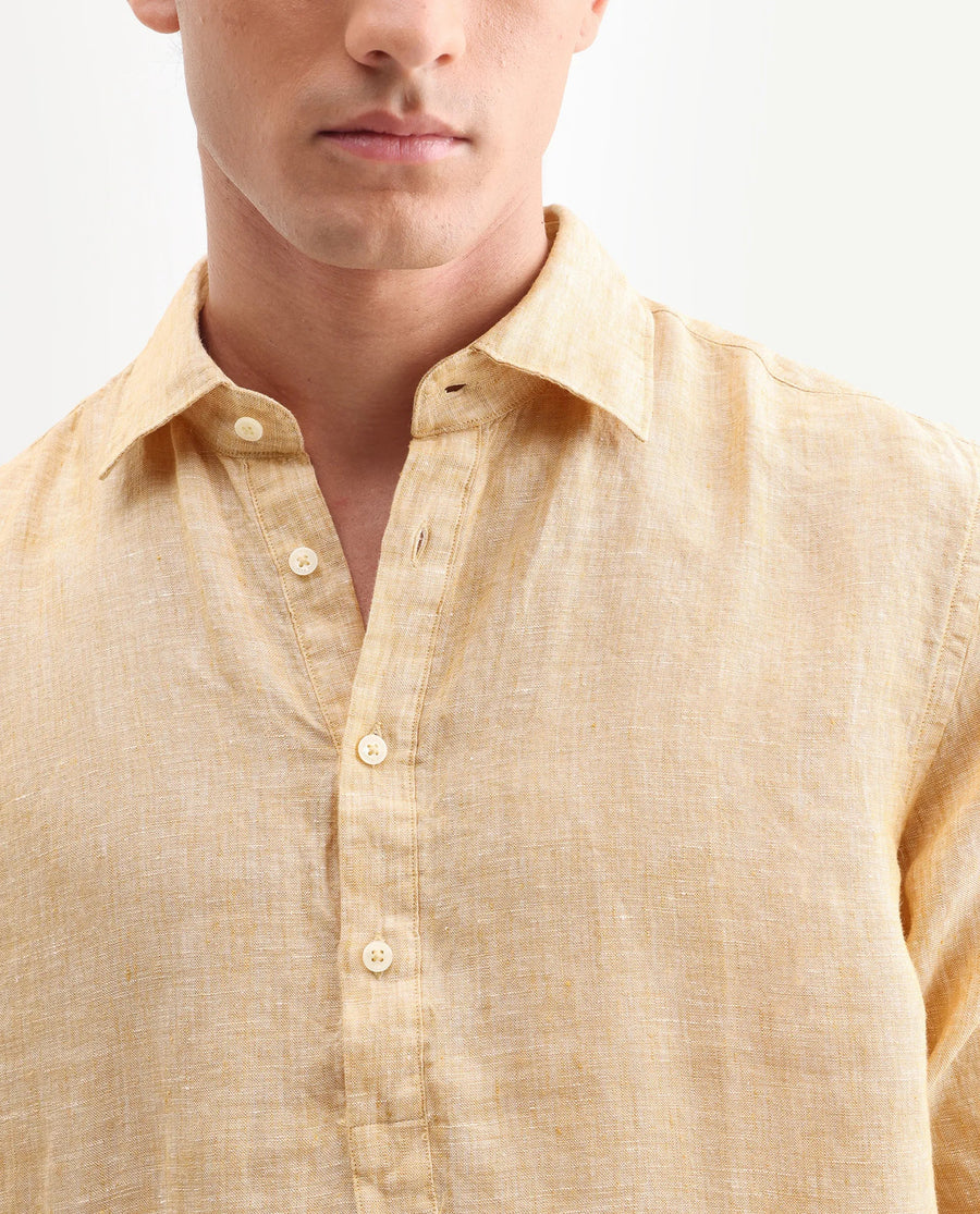 Rare Rabbit Men's Kurts Dusky Yellow 100% Linen Plain Regular Fit Full Sleeve Collared Shirt