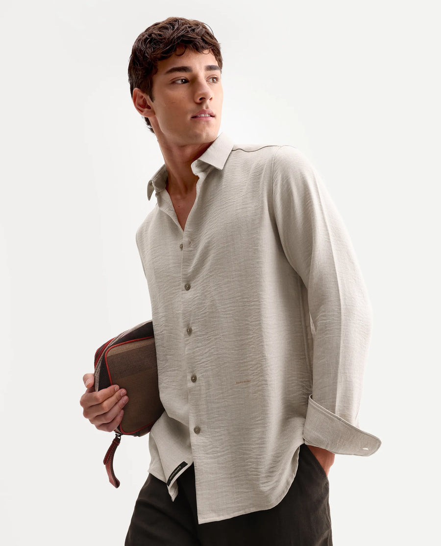 Rare Rabbit Men's Lucis Grey 100% Linen Plain Regular Fit Full Sleeve Collared Shirt