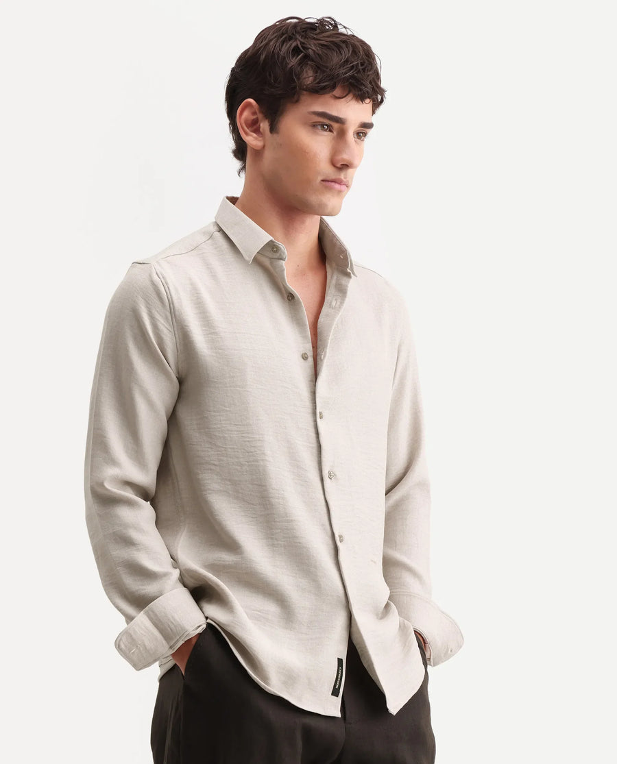Rare Rabbit Men's Lucis Grey 100% Linen Plain Regular Fit Full Sleeve Collared Shirt