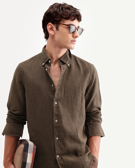 Rare Rabbit Men's Lucis Dark Brown 100% Linen Plain Regular Fit Full Sleeve Collared Shirt
