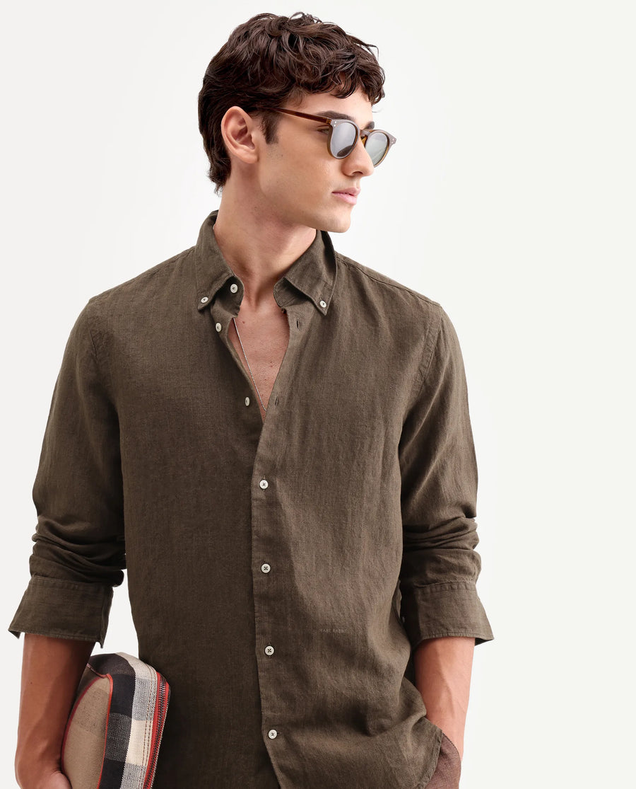 Rare Rabbit Men's Lucis Dark Brown 100% Linen Plain Regular Fit Full Sleeve Collared Shirt
