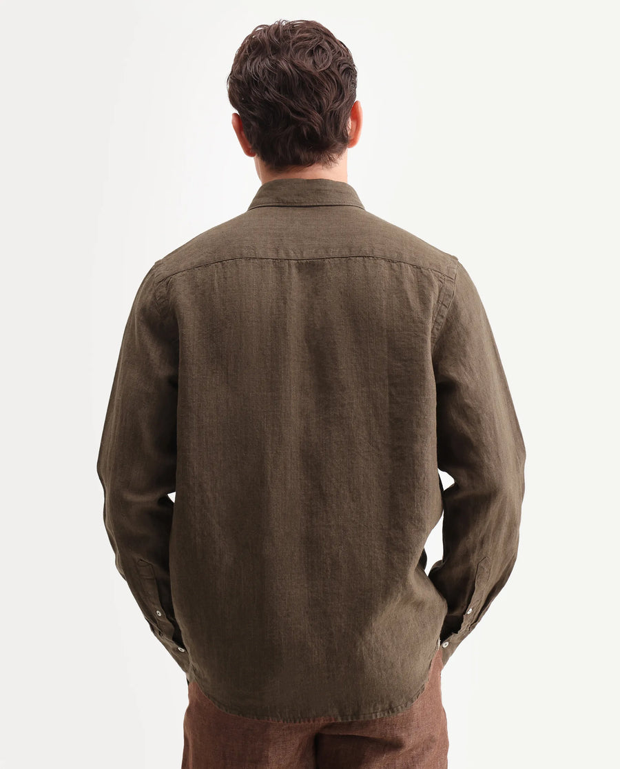 Rare Rabbit Men's Lucis Dark Brown 100% Linen Plain Regular Fit Full Sleeve Collared Shirt