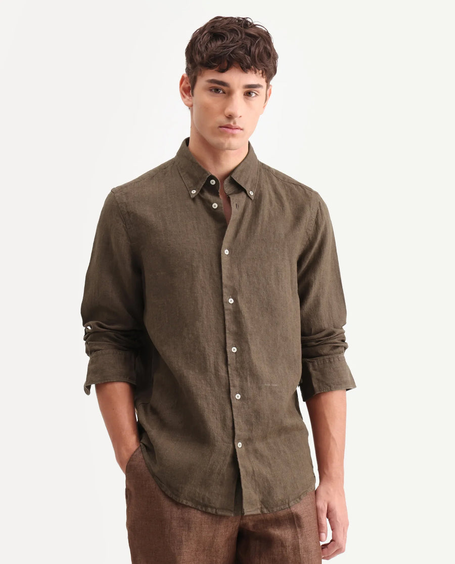 Rare Rabbit Men's Lucis Dark Brown 100% Linen Plain Regular Fit Full Sleeve Collared Shirt