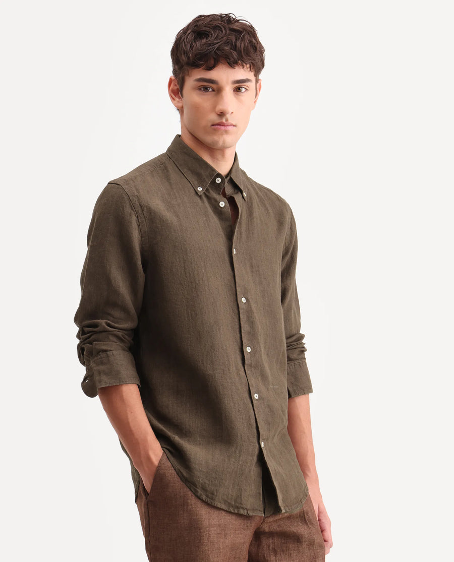 Rare Rabbit Men's Lucis Dark Brown 100% Linen Plain Regular Fit Full Sleeve Collared Shirt