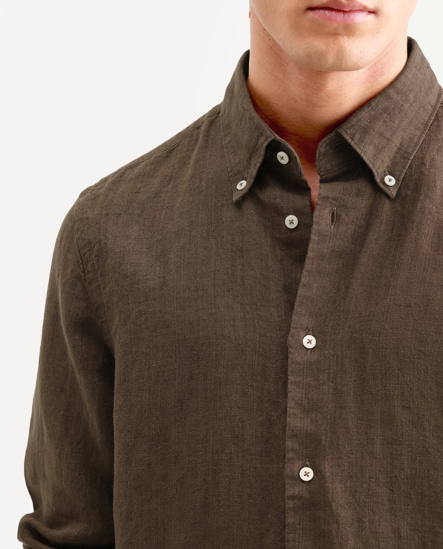 Rare Rabbit Men's Lucis Dark Brown 100% Linen Plain Regular Fit Full Sleeve Collared Shirt
