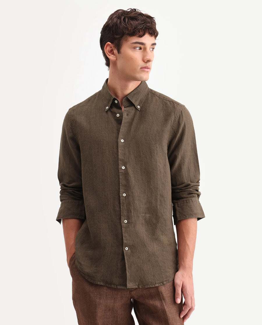 Rare Rabbit Men's Lucis Dark Brown 100% Linen Plain Regular Fit Full Sleeve Collared Shirt