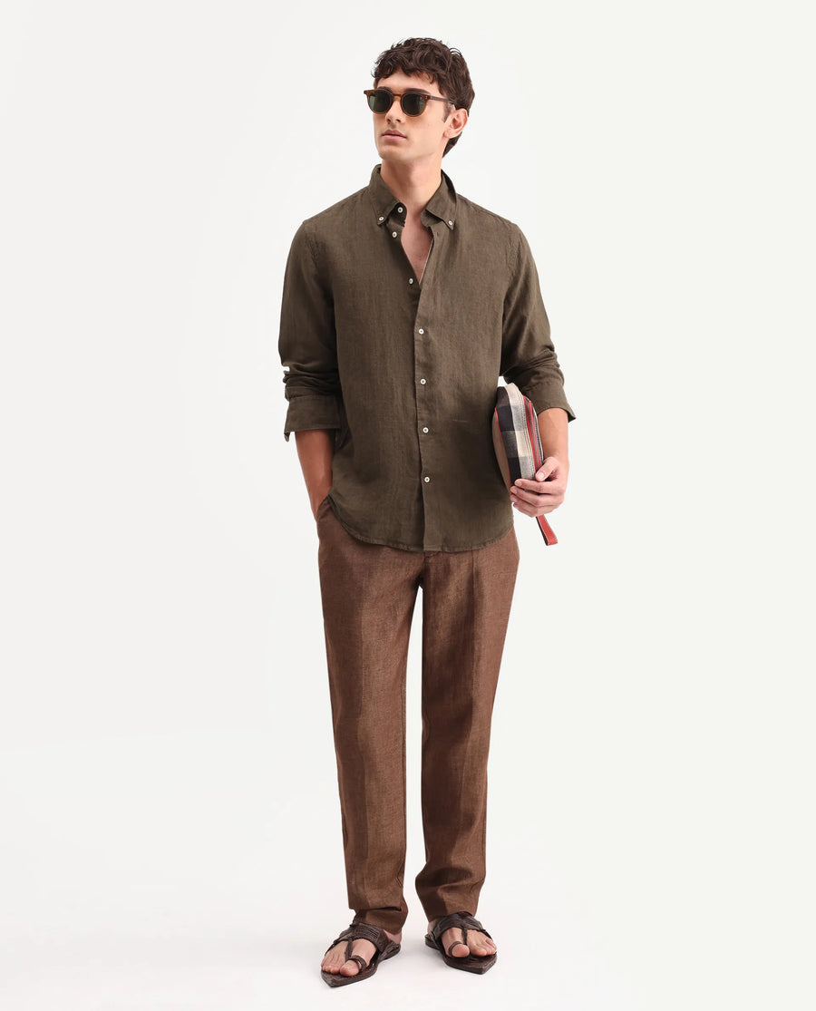 Rare Rabbit Men's Lucis Dark Brown 100% Linen Plain Regular Fit Full Sleeve Collared Shirt