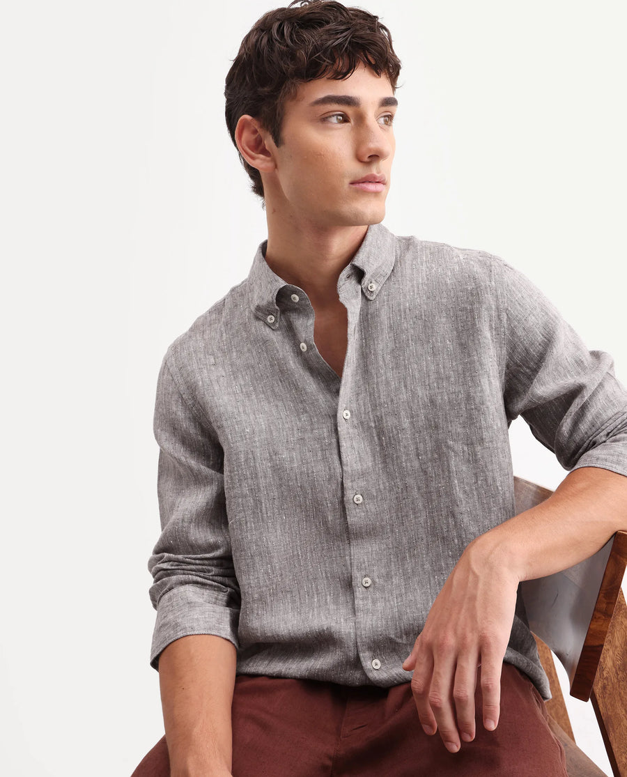 Rare Rabbit Men's Lucis Dark Khaki 100% Linen Plain Regular Fit Full Sleeve Collared Shirt