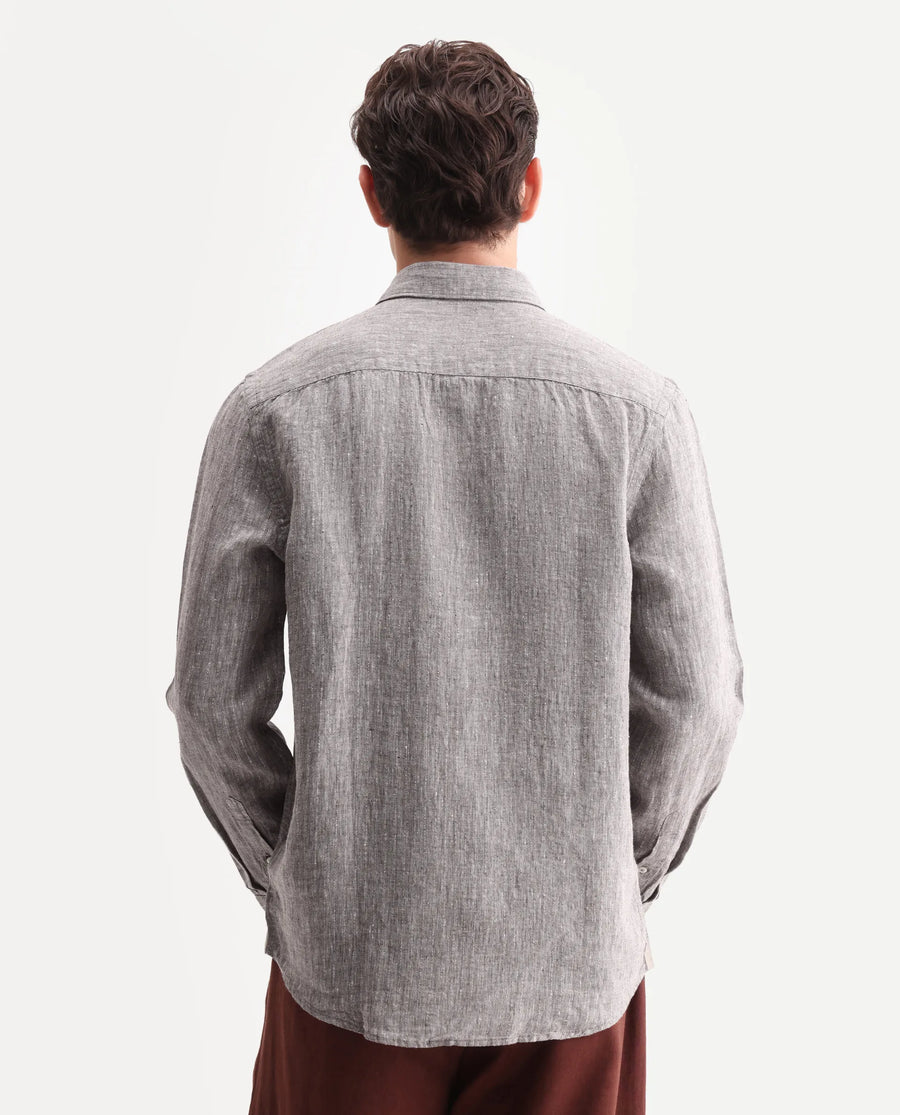 Rare Rabbit Men's Lucis Dark Khaki 100% Linen Plain Regular Fit Full Sleeve Collared Shirt