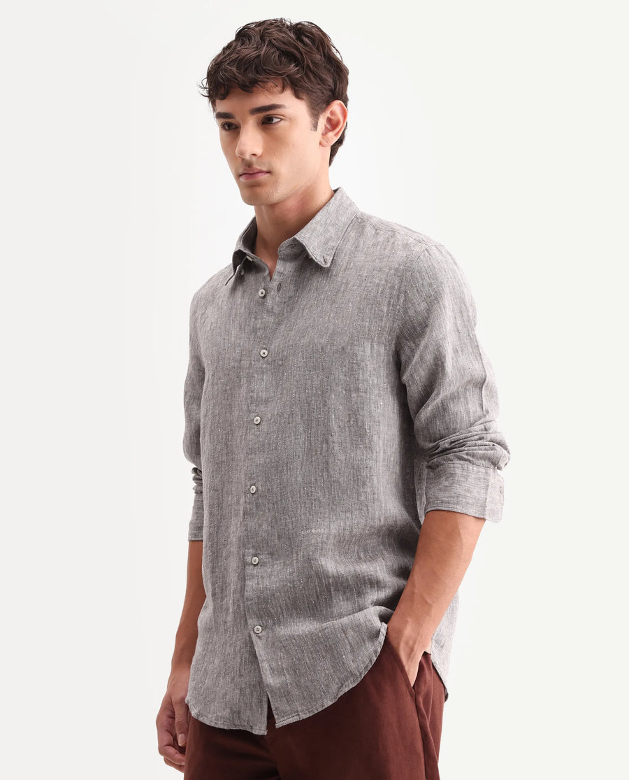 Rare Rabbit Men's Lucis Dark Khaki 100% Linen Plain Regular Fit Full Sleeve Collared Shirt