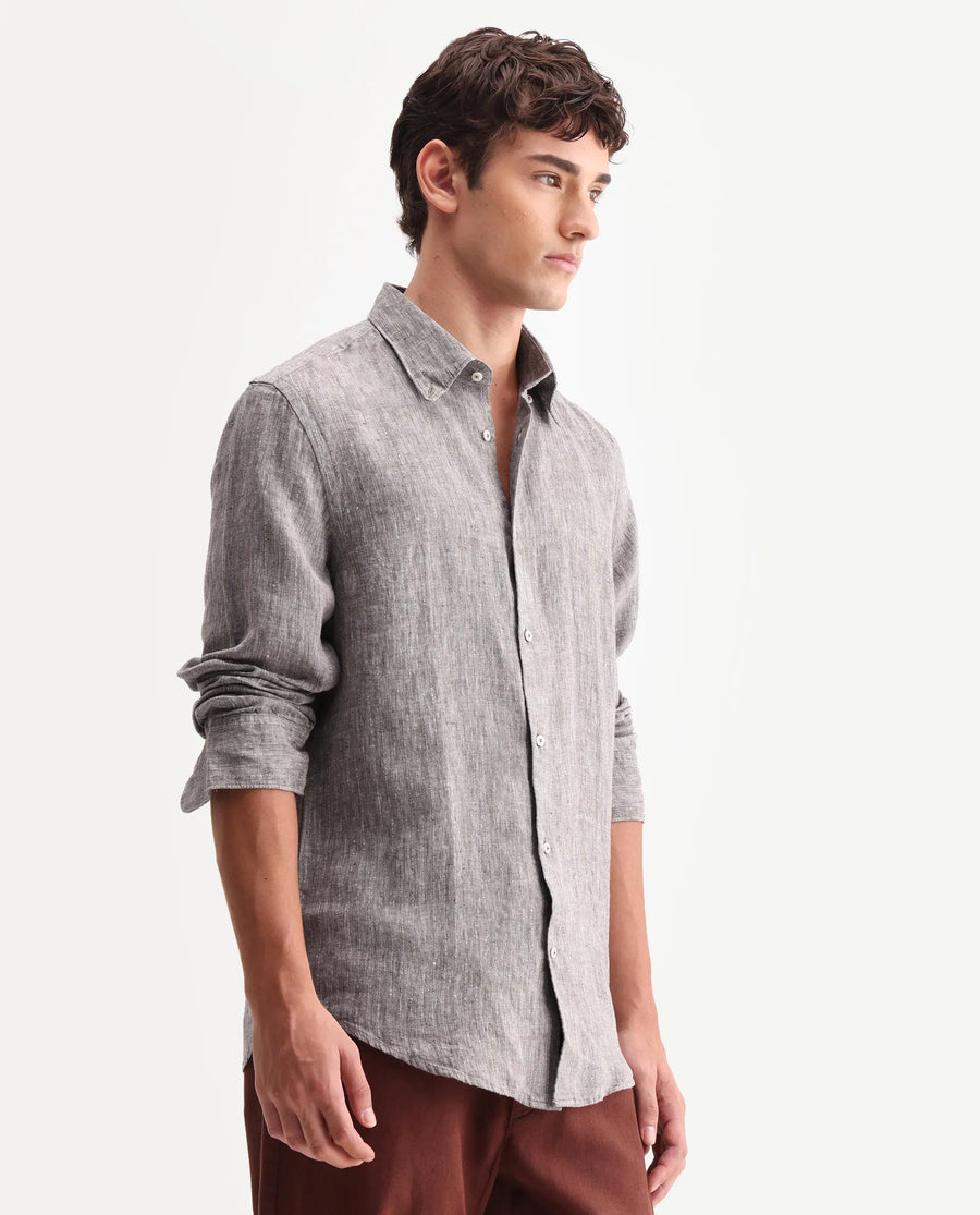 Rare Rabbit Men's Lucis Dark Khaki 100% Linen Plain Regular Fit Full Sleeve Collared Shirt