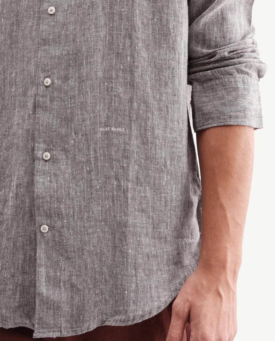 Rare Rabbit Men's Lucis Dark Khaki 100% Linen Plain Regular Fit Full Sleeve Collared Shirt