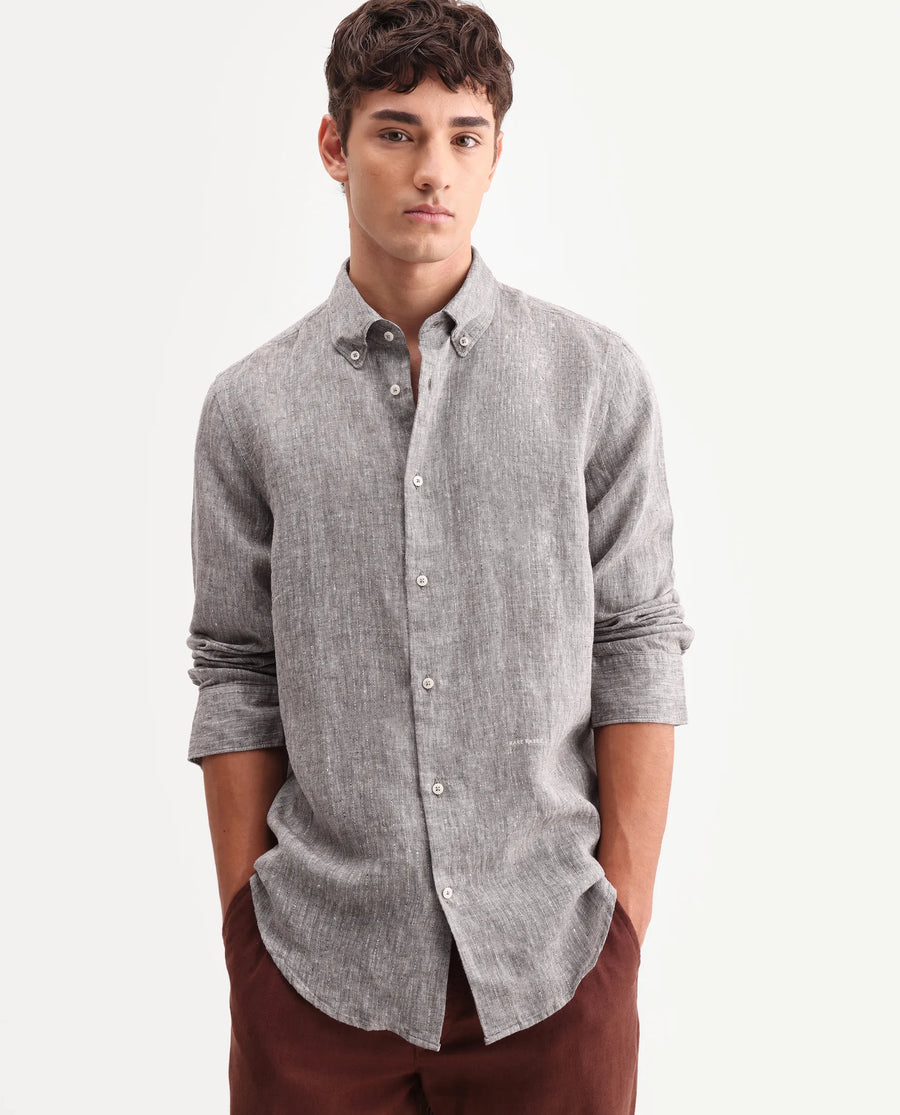 Rare Rabbit Men's Lucis Dark Khaki 100% Linen Plain Regular Fit Full Sleeve Collared Shirt