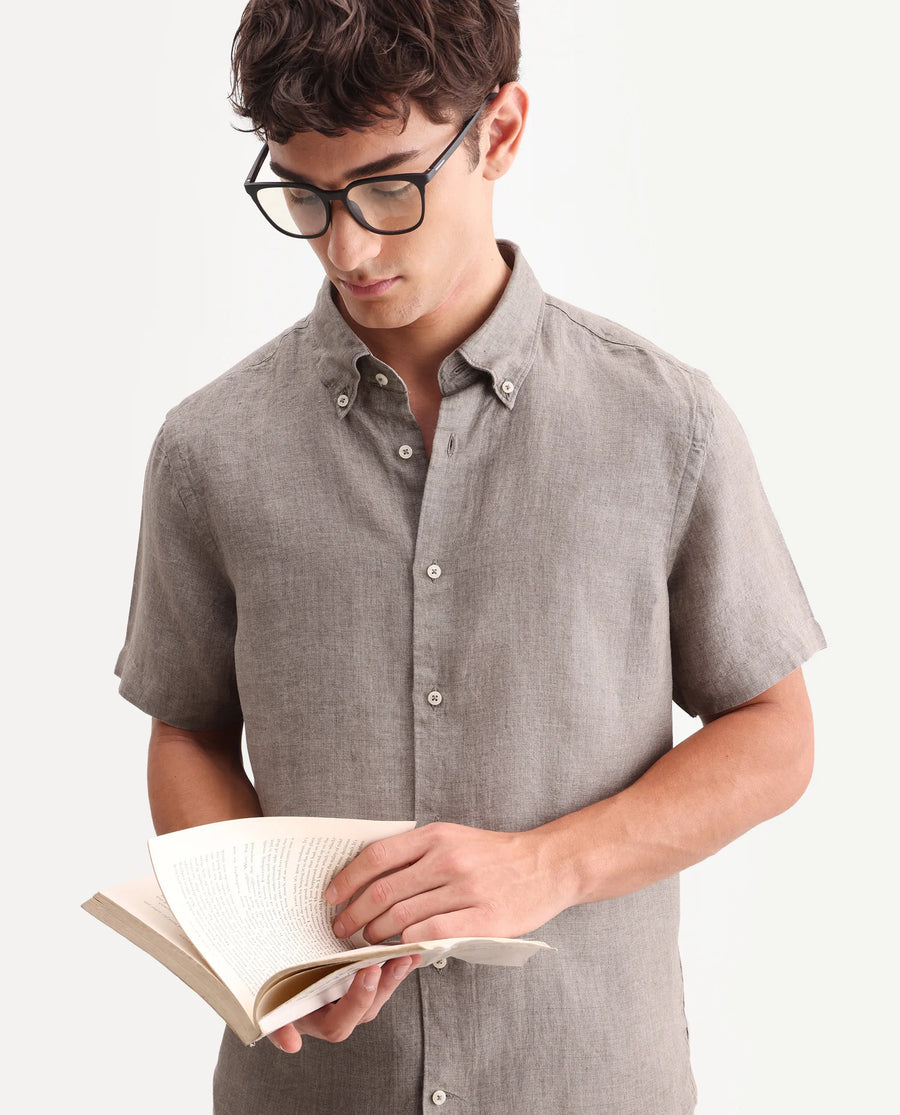 Rare Rabbit Men's Brisbane Ss Brown 100% Linen Plain Regular Fit Half Sleeve Collared Shirt