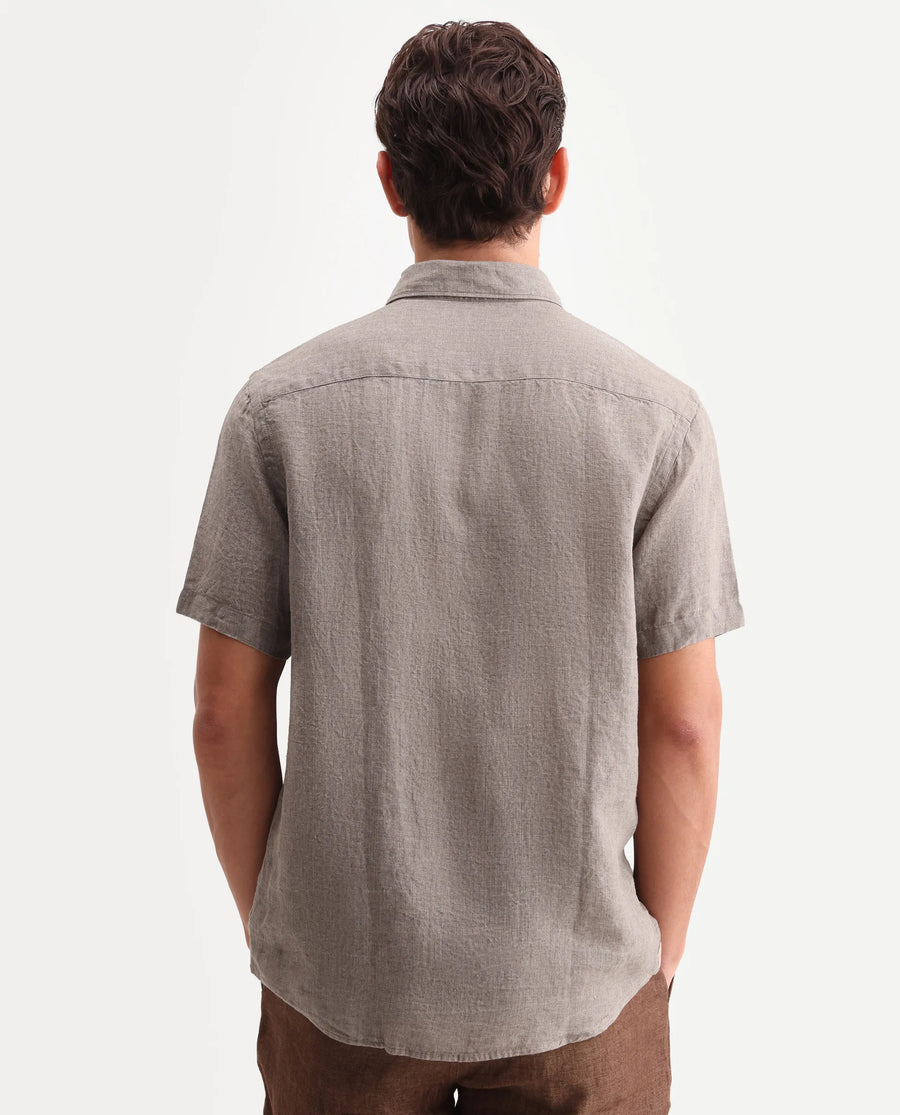 Rare Rabbit Men's Brisbane Ss Brown 100% Linen Plain Regular Fit Half Sleeve Collared Shirt