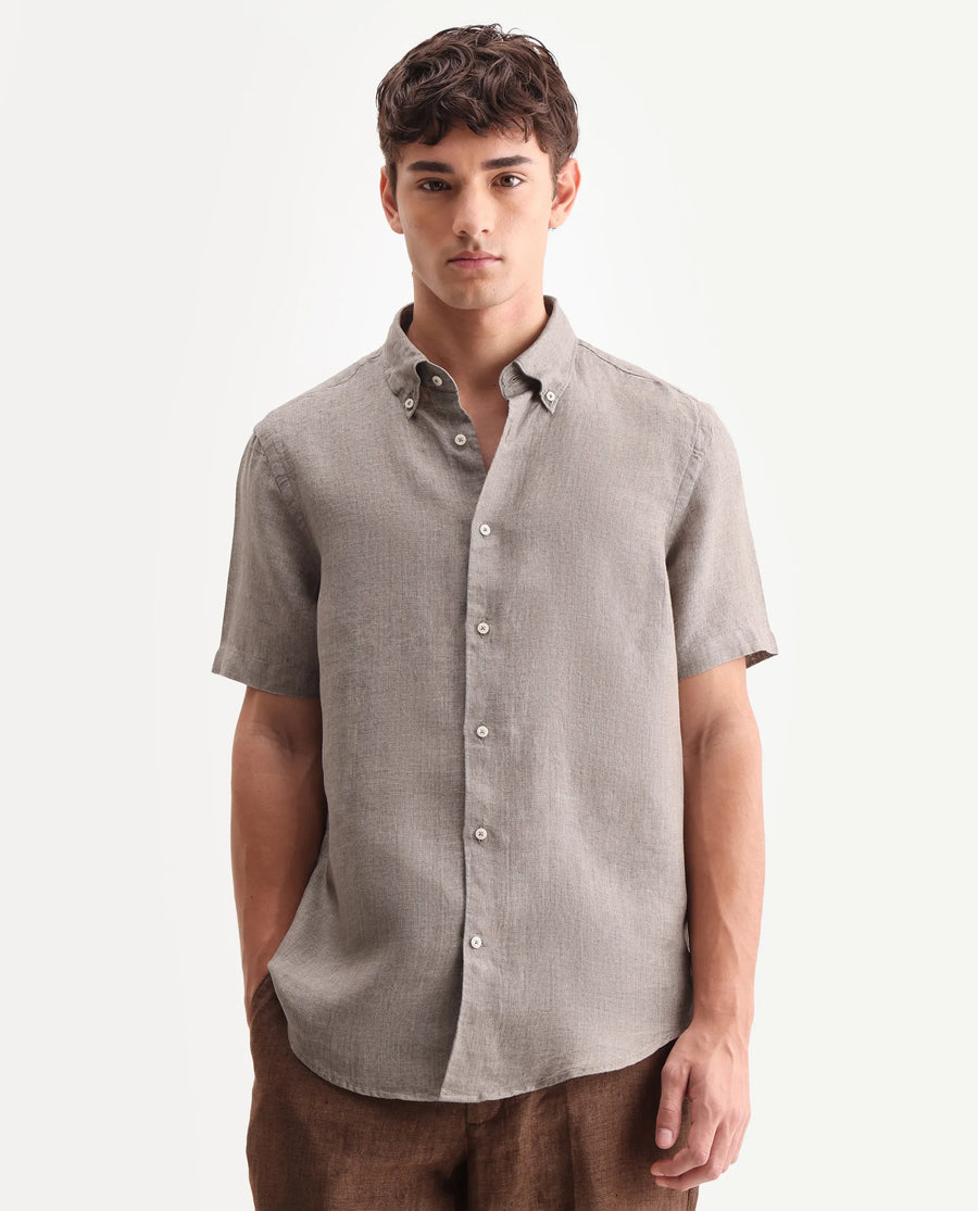 Rare Rabbit Men's Brisbane Ss Brown 100% Linen Plain Regular Fit Half Sleeve Collared Shirt