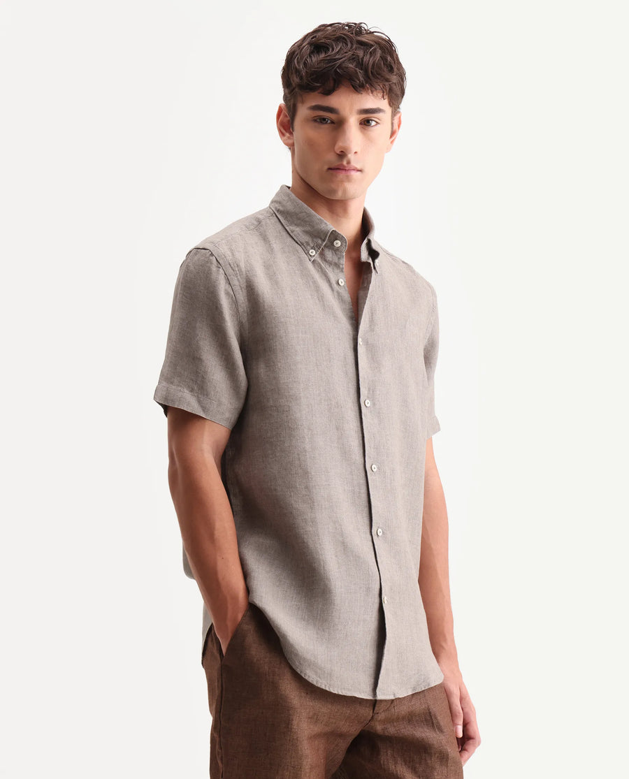 Rare Rabbit Men's Brisbane Ss Brown 100% Linen Plain Regular Fit Half Sleeve Collared Shirt