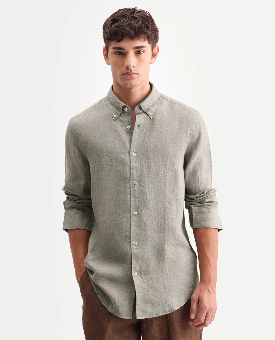 Rare Rabbit Men's Brisbane Ls Brown 100% Linen Plain Regular Fit Full Sleeve Button-Down Collar Shirt