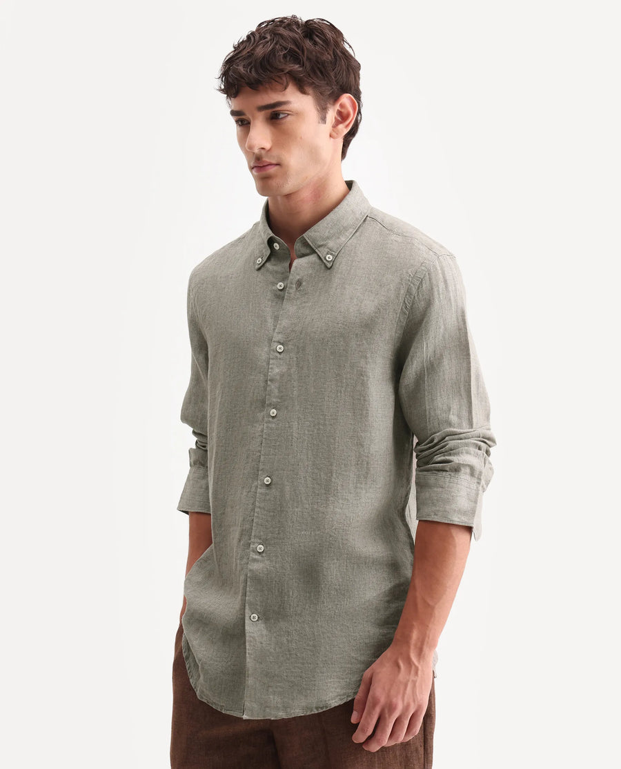 Rare Rabbit Men's Brisbane Ls Brown 100% Linen Plain Regular Fit Full Sleeve Button-Down Collar Shirt