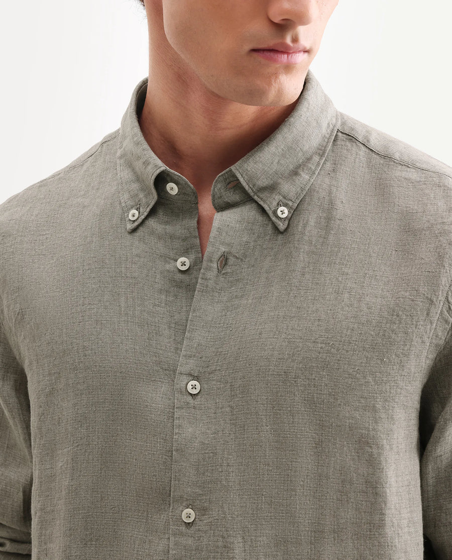 Rare Rabbit Men's Brisbane Ls Brown 100% Linen Plain Regular Fit Full Sleeve Button-Down Collar Shirt