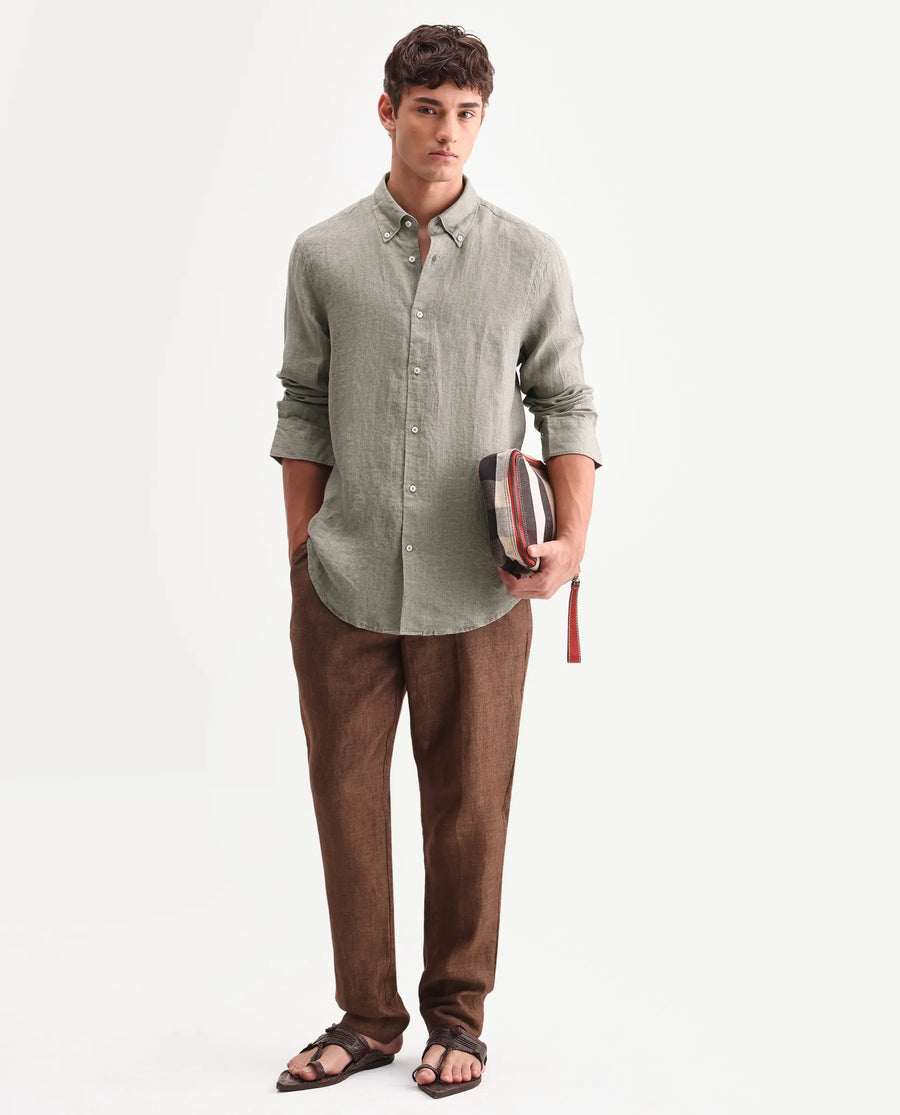 Rare Rabbit Men's Brisbane Ls Brown 100% Linen Plain Regular Fit Full Sleeve Button-Down Collar Shirt