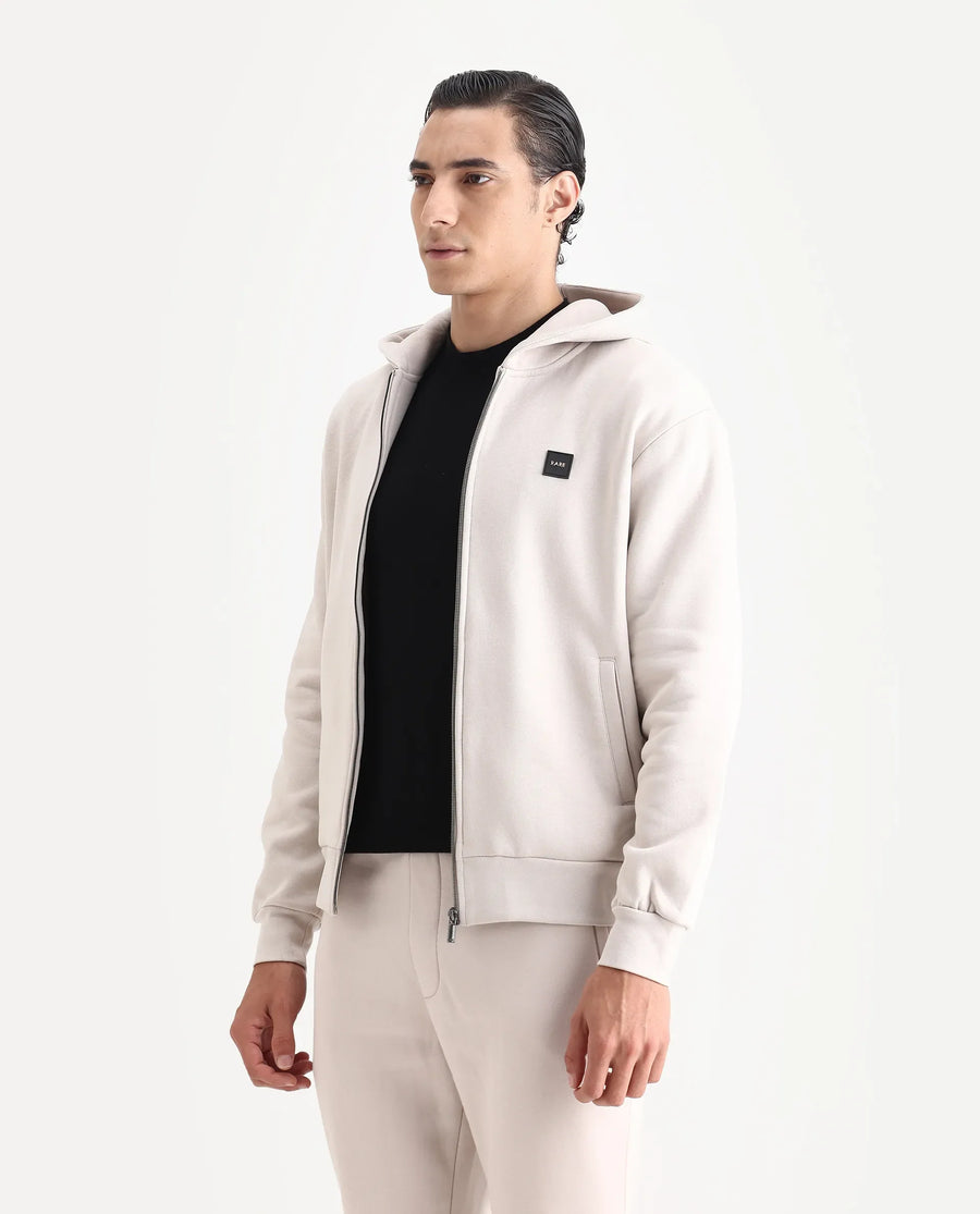 Rare Rabbit Men's Anderson-T25 Beige Cotton Blend Plain Regular Fit Full Sleeve Hooded Sweatshirt