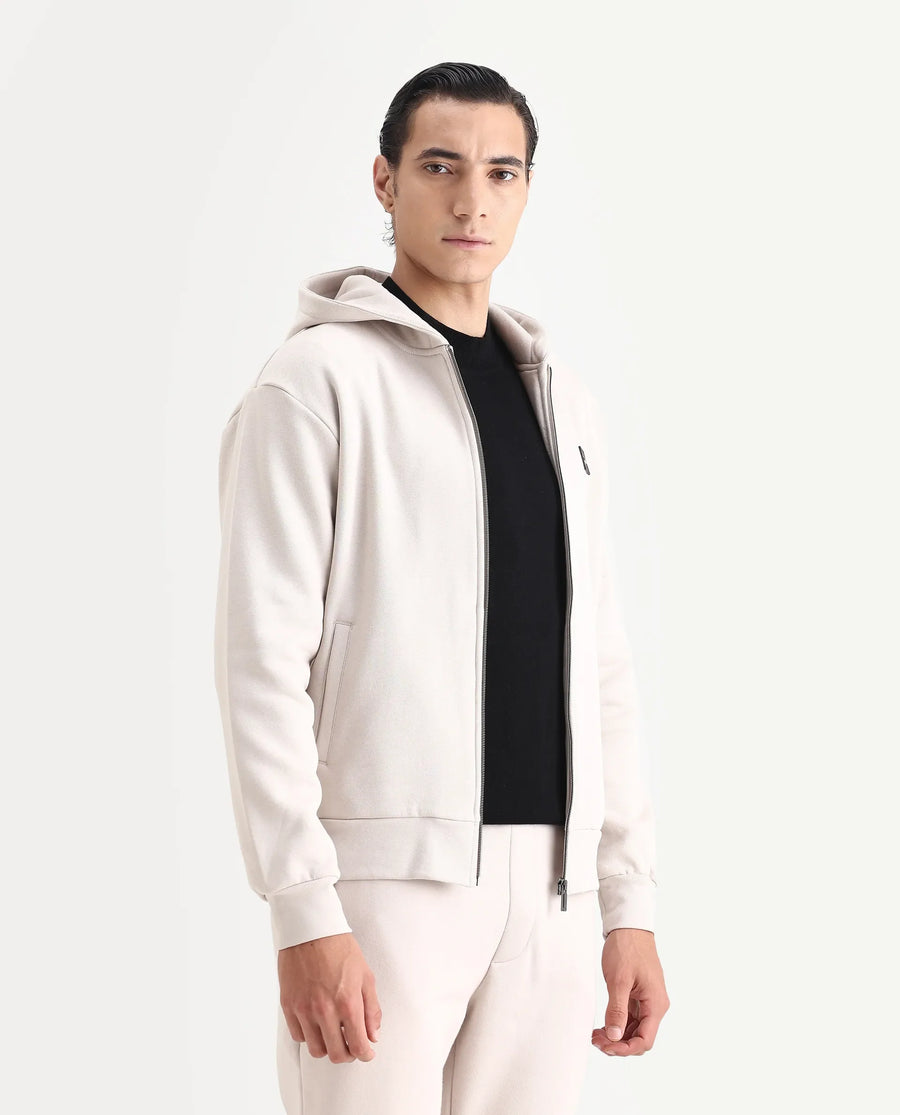 Rare Rabbit Men's Anderson-T25 Beige Cotton Blend Plain Regular Fit Full Sleeve Hooded Sweatshirt