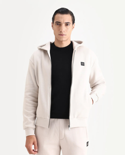 Rare Rabbit Men's Anderson-T25 Beige Cotton Blend Plain Regular Fit Full Sleeve Hooded Sweatshirt