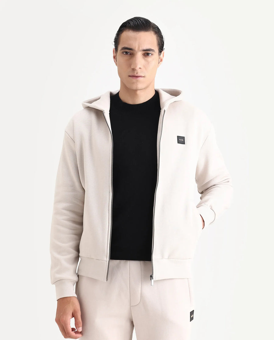 Rare Rabbit Men's Anderson-T25 Beige Cotton Blend Plain Regular Fit Full Sleeve Hooded Sweatshirt