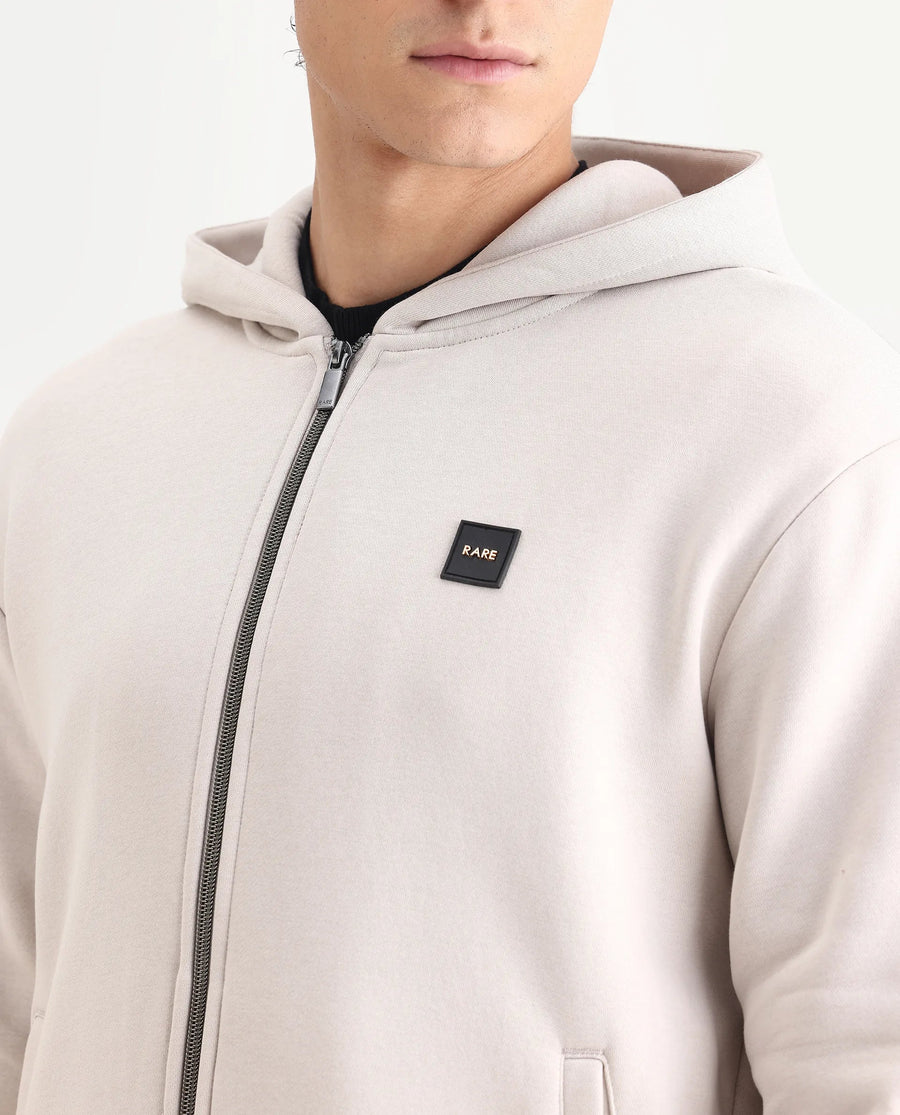 Rare Rabbit Men's Anderson-T25 Beige Cotton Blend Plain Regular Fit Full Sleeve Hooded Sweatshirt