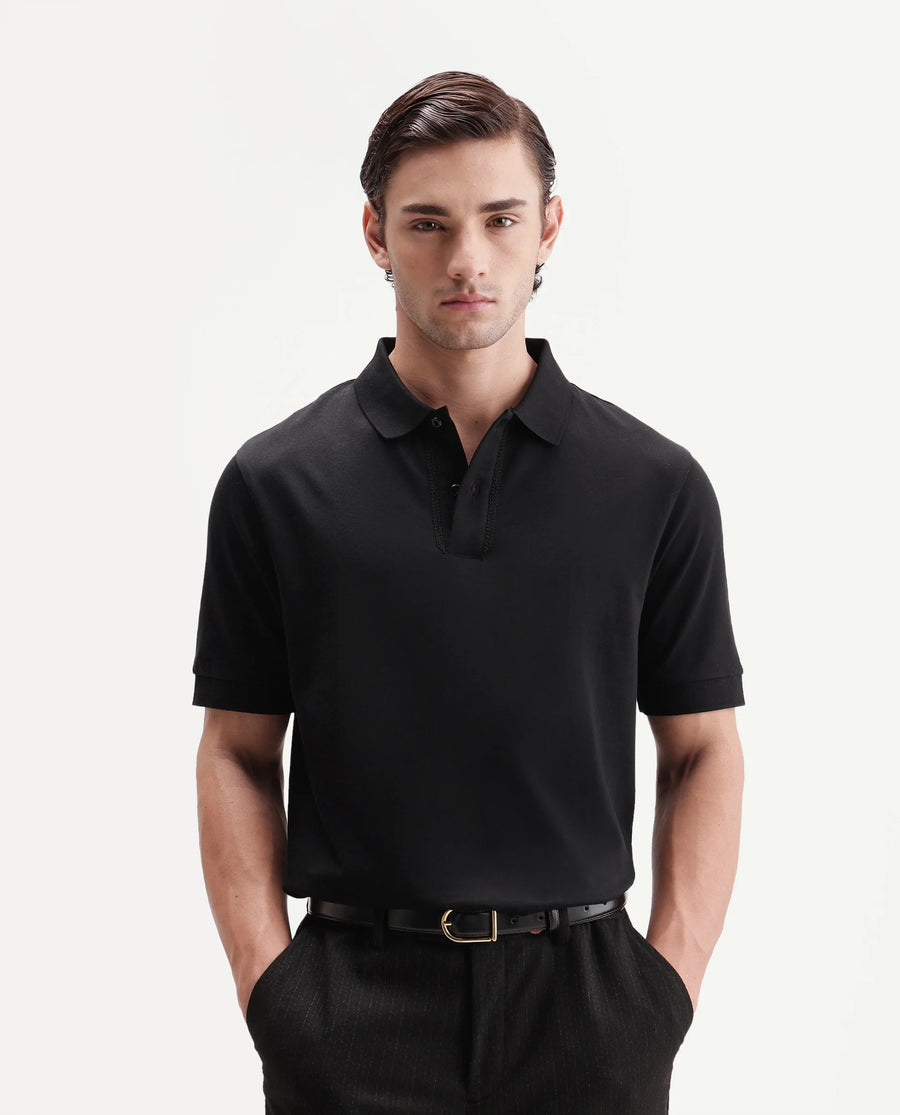 Rare Rabbit Men's Drid Black Cotton Fabric Half Sleeve Spread Collar Plain Polo