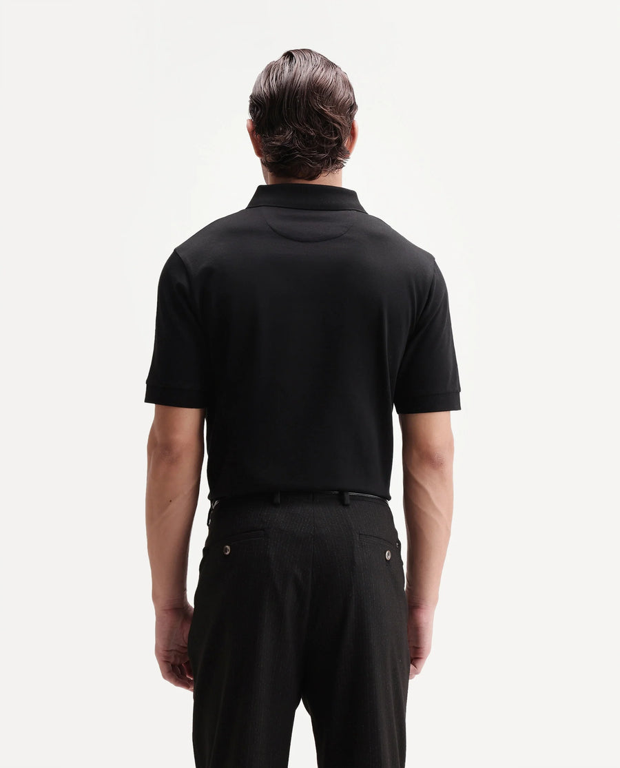 Rare Rabbit Men's Drid Black Cotton Fabric Half Sleeve Spread Collar Plain Polo