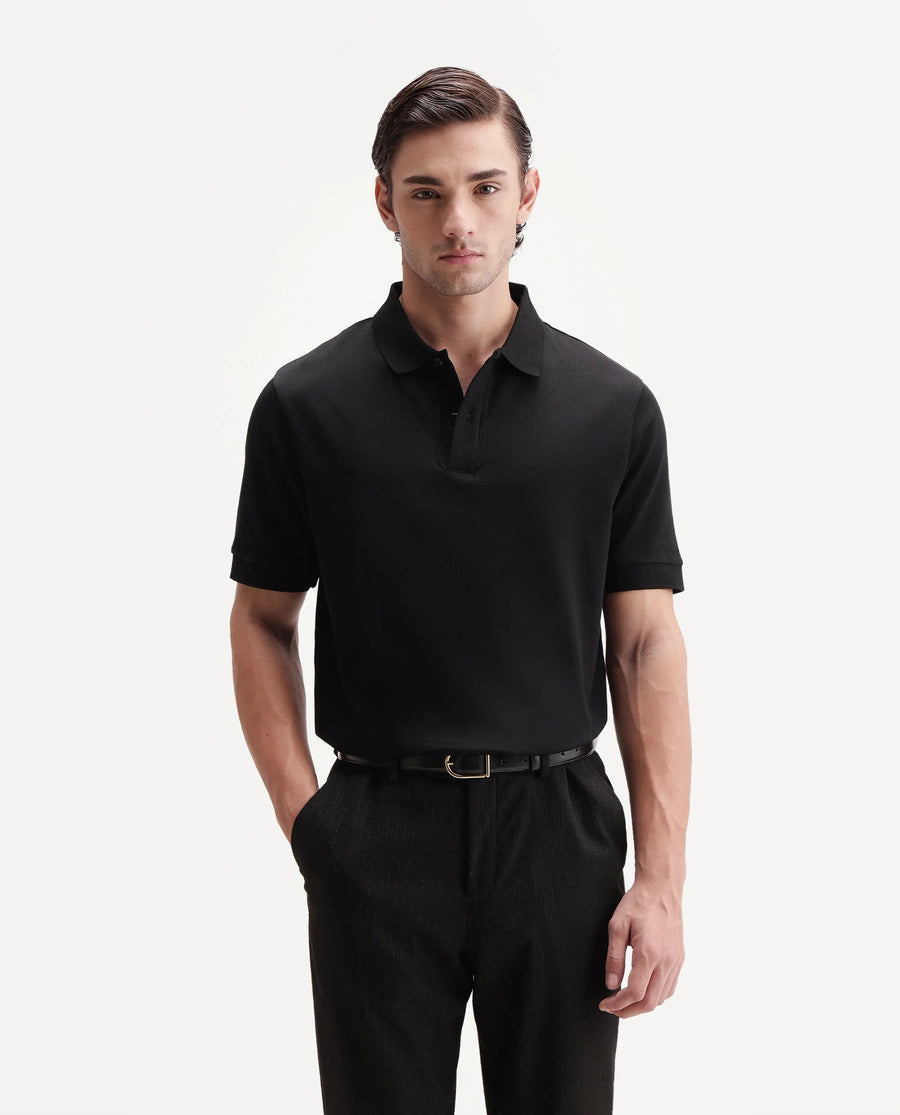 Rare Rabbit Men's Drid Black Cotton Fabric Half Sleeve Spread Collar Plain Polo