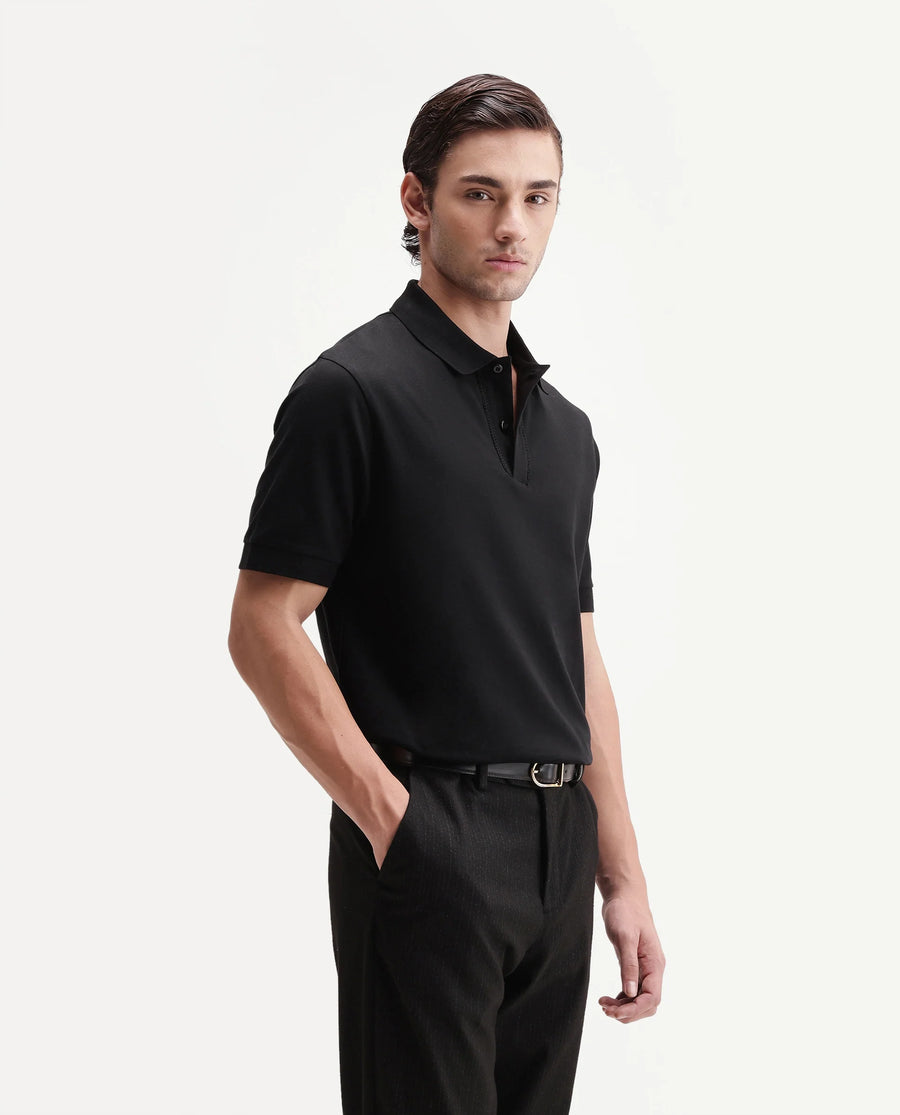 Rare Rabbit Men's Drid Black Cotton Fabric Half Sleeve Spread Collar Plain Polo