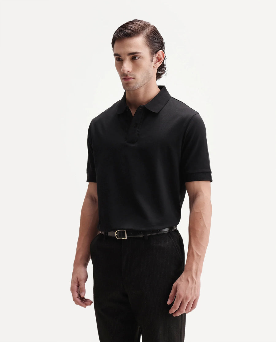 Rare Rabbit Men's Drid Black Cotton Fabric Half Sleeve Spread Collar Plain Polo