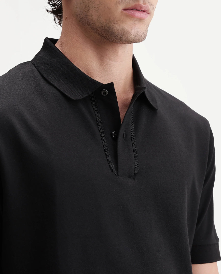 Rare Rabbit Men's Drid Black Cotton Fabric Half Sleeve Spread Collar Plain Polo